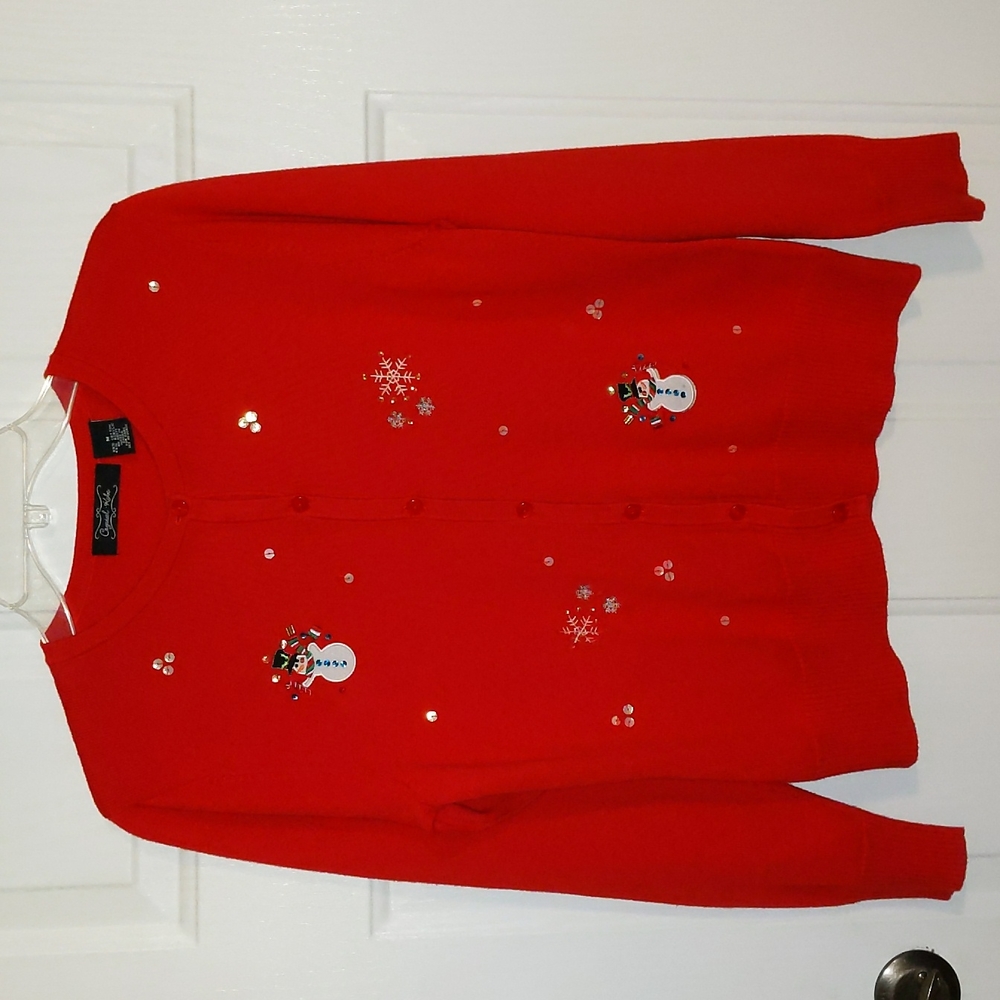 Ladies Crystal-Kobe Red L/S  Embroidered Christmas Cardigan Sweater Sz M…